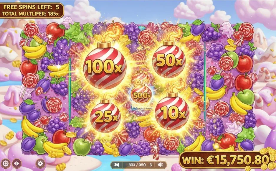 A detailed in-game shot of Sweet Bonanza during a Free Spins round, prominently featuring several Multiplier Bombs with high values (e.g., 50x, 100x) scattered across the reels amidst winning candy clusters.