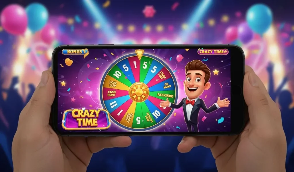 A detailed view comparing the Crazy Time user interface on a mobile touchscreen versus a desktop screen, showcasing the differences in layout and control.