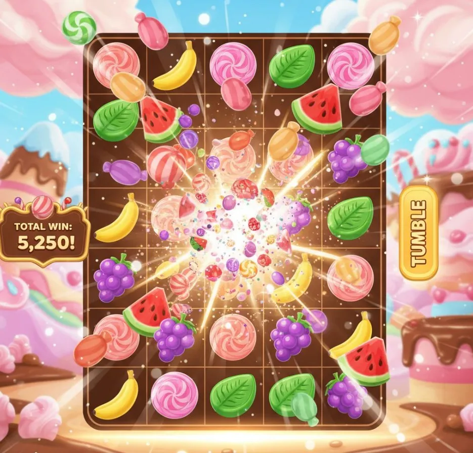 A dynamic visual demonstrating Sweet Bonanza's Tumble Feature, with winning candy symbols exploding and new symbols cascading down the 6x5 grid to form new potential combinations.