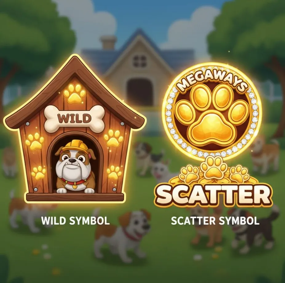 special symbols in The Dog House Megaways: the Wild dog house with x2/x3 multipliers shown combining, and the Scatter paw print symbol, highlighting their roles in boosting wins and triggering bonuses.