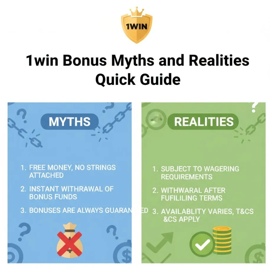 A concise visual guide contrasting common player beliefs about 1win bonuses with the statistical realities, highlighting key differences like "Bonus is Free Cash" vs. "Wagering Requirements Apply".