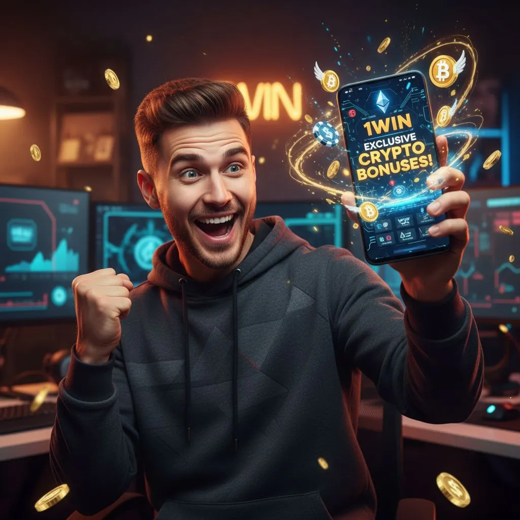 Graphic depicting various 1win crypto bonus types: welcome bonus, free spins, cashback, reload bonus, and VIP rewards.